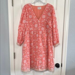 Aspiga Evie coral floral print long sleeve mini dress size medium 100% cotton